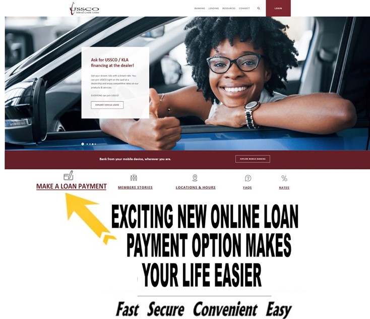 header image of website's home page Dealer Financing with arrow pointing to "Make a Loan Payment" icon.