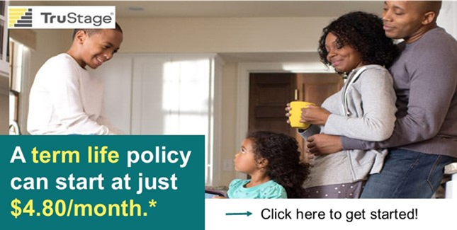 Happy family in their kitchen. Mom has a yellow coffee cup in her hand, Dad is hugging her from behind, and son is sitting on the counter smiling at his little sister. A term life policy can start at just $4.80/month.