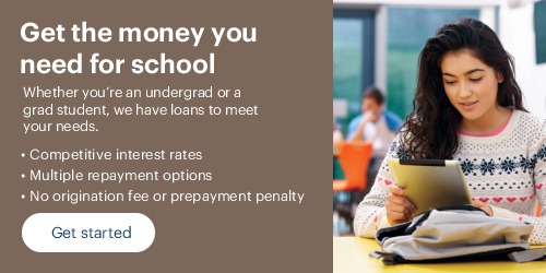 image of cute, long-haired college student studying  in the library. headline: Get the money you need for school. Get started button takes to SallieMae/USSCO co-branded site.